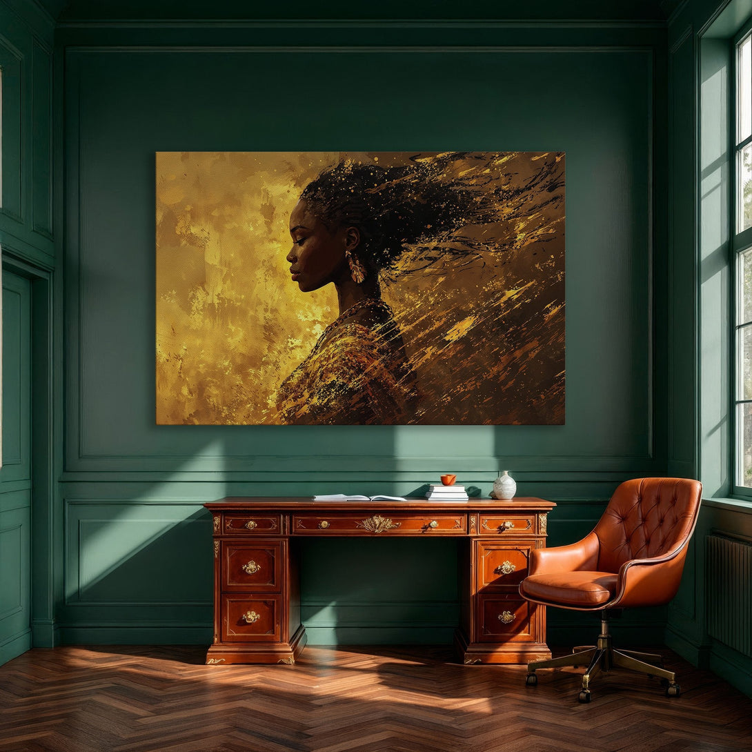 Framed Wall Art: Abstract portrait of a woman in gold and brown tones. Perfect for adding modern elegance to your dining room.