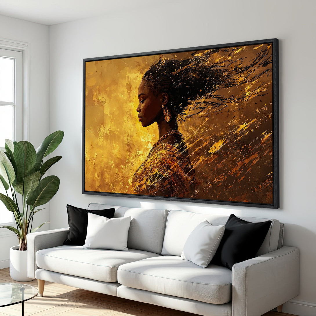 Framed Wall Art featuring an elegant woman in a golden, abstract style. Stunning artwork with warm, earthy tones perfect for living room decor.