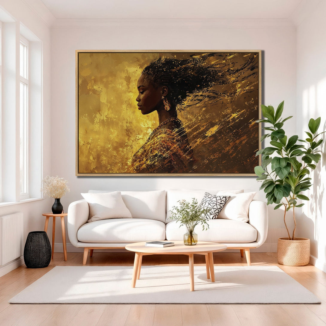 Framed Wall Art featuring a profile of a woman with flowing hair. Abstract style with a warm gold and brown color palette, perfect for living room decor.