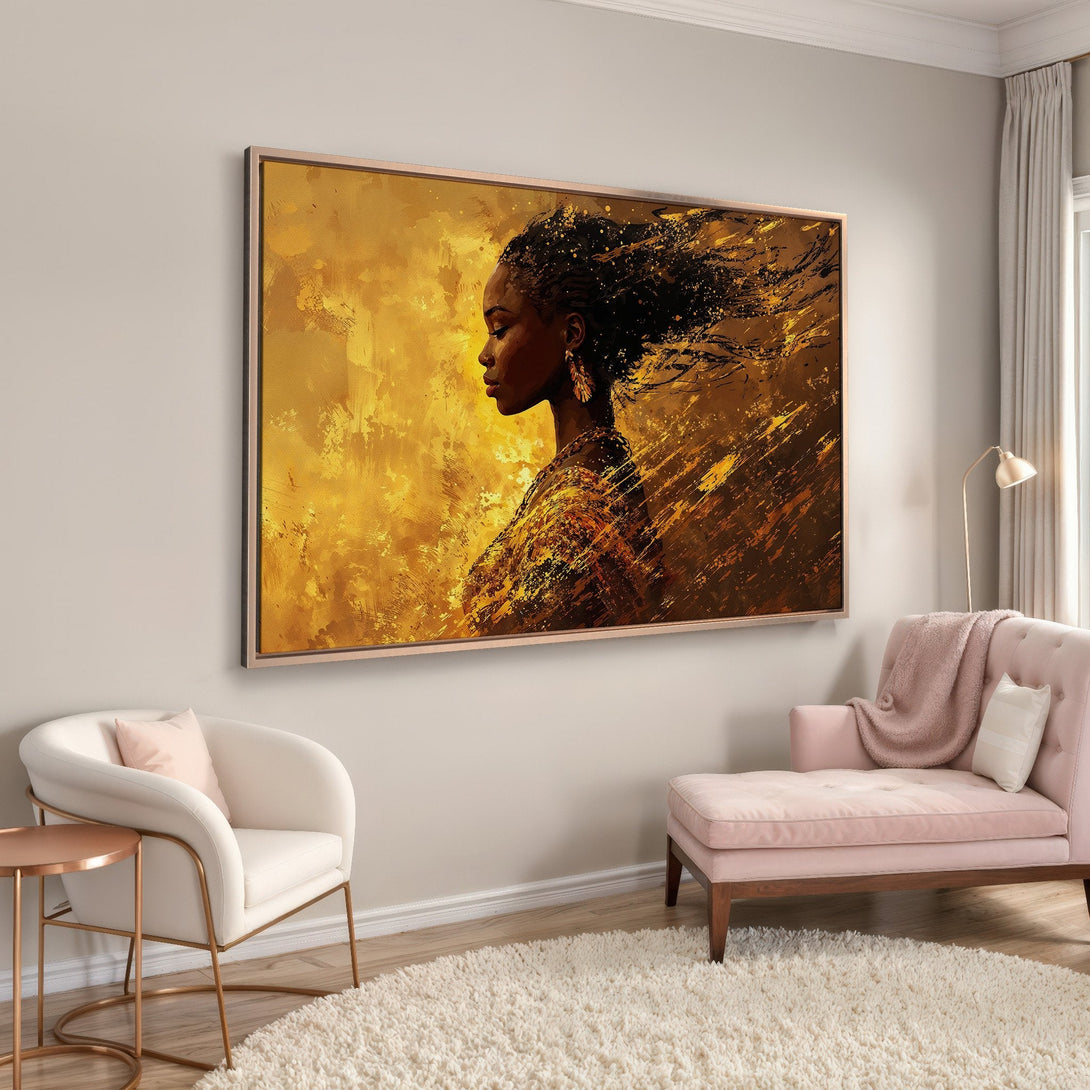 Framed Wall Art: Abstract portrait of a woman with flowing hair, vibrant gold and brown color palette. Perfect for adding elegance to your home decor.