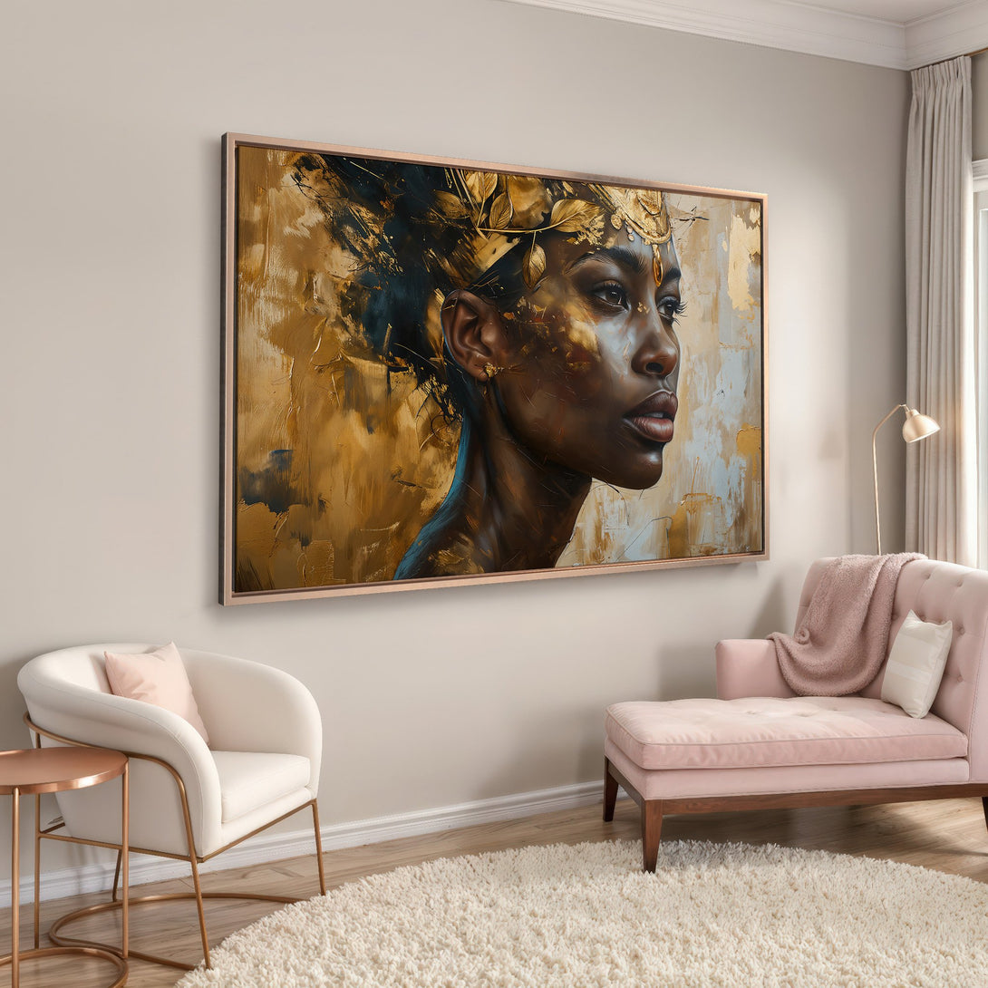 Framed Wall Art: Stunning portrait of a woman in gold and black, displayed in a modern interior. Add a touch of elegance with this beautiful canvas print.