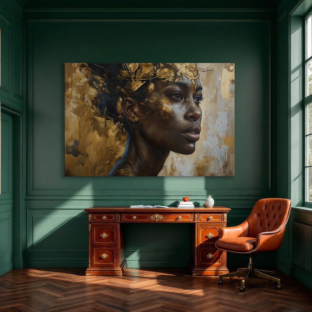 Framed Wall Art: Abstract portrait of a woman with gold accents. Earthy tones of brown, gold, and black create a luxurious, modern aesthetic.