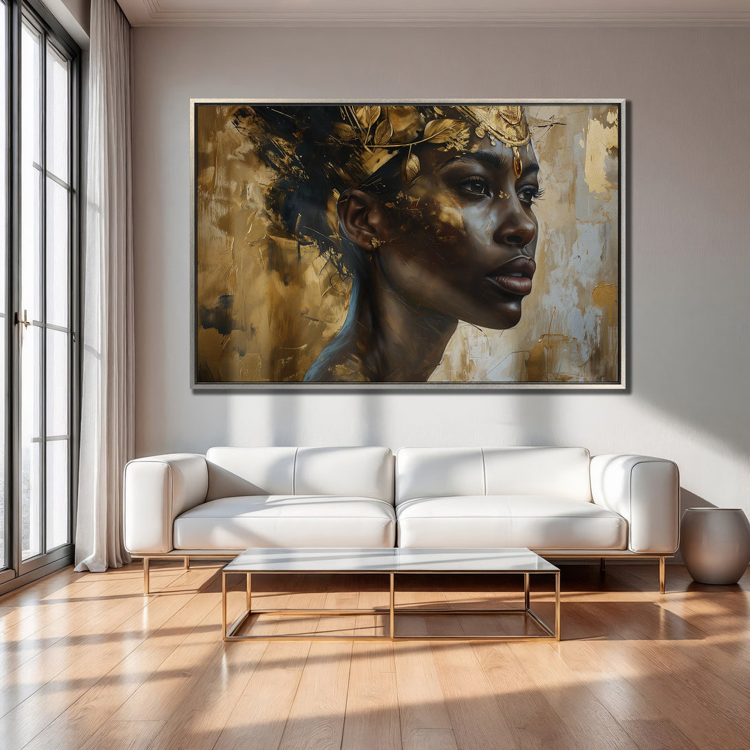 Framed Wall Art: Stunning portrait of a woman with gold accents. Modern art with a warm, neutral color palette, perfect for any interior.