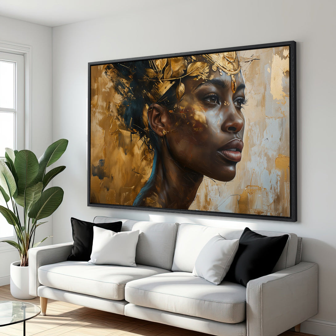 Framed Wall Art: Stunning portrait of a woman in gold and brown tones, modern abstract style. Elevate your space with this captivating canvas print.