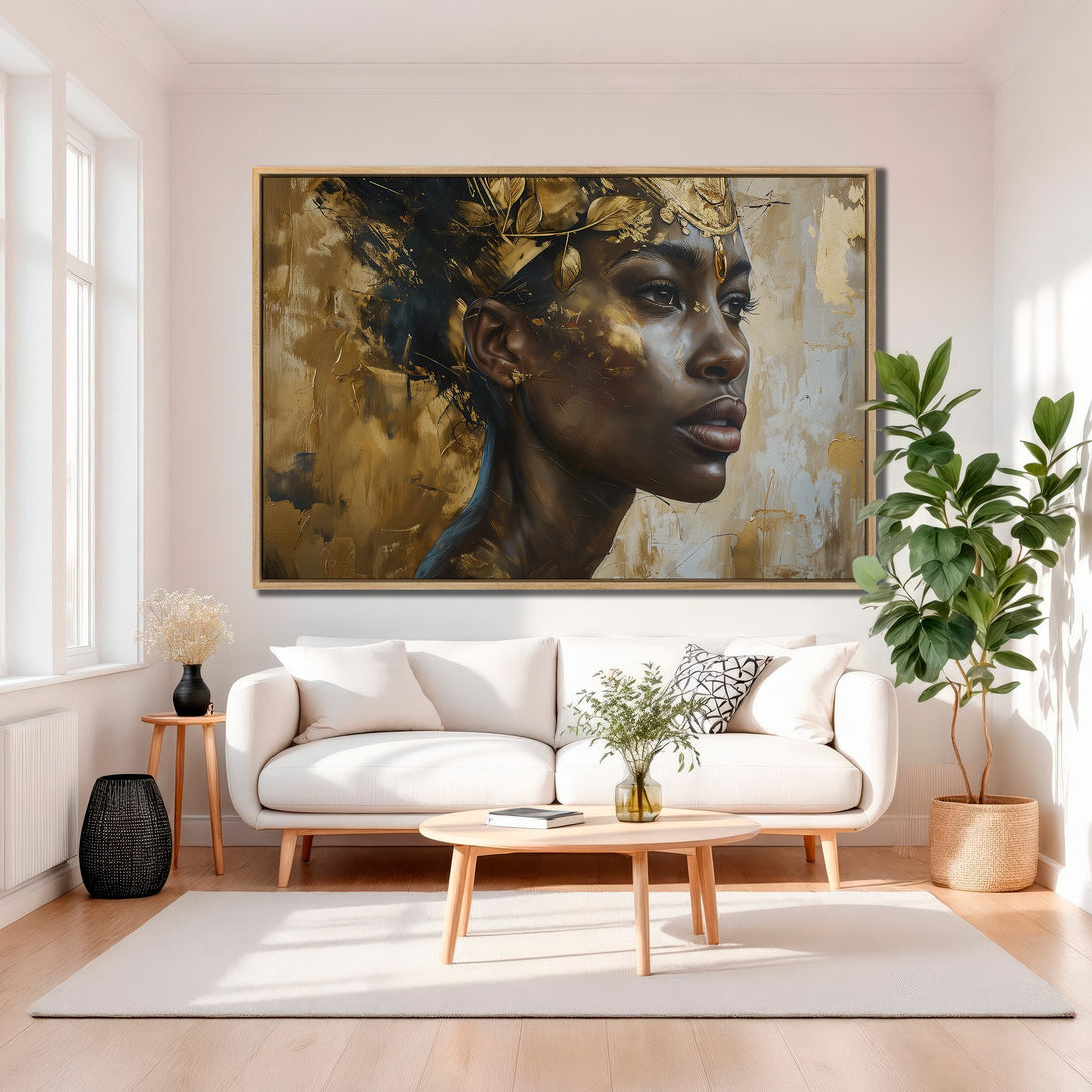 Framed Wall Art: Stunning portrait of a woman in gold and black. Modern abstract style, warm neutral color palette. Elevate your space with this elegant artwork.