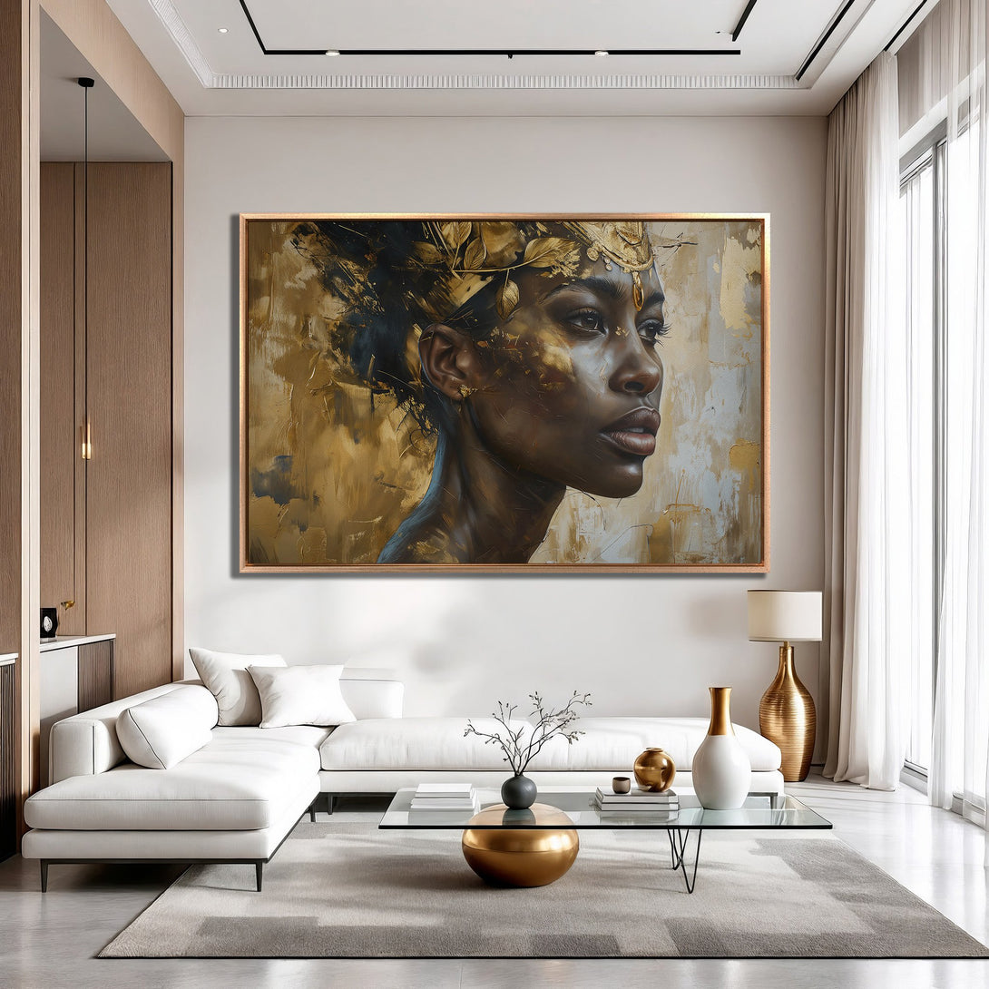 Framed Wall Art: Elegant portrait of a woman in gold and black. Modern abstract style, warm neutral color palette. Perfect for sophisticated home decor.