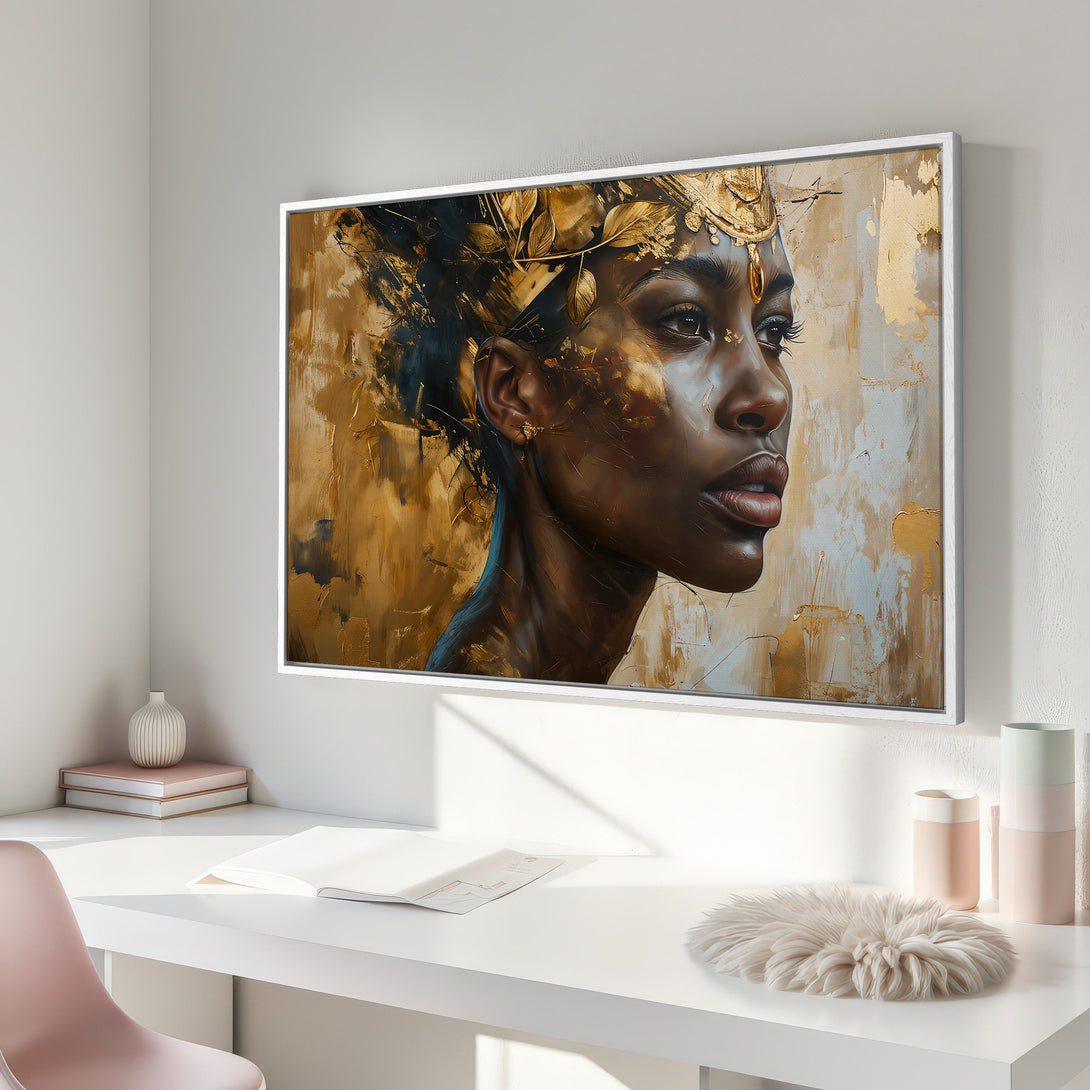 Framed Wall Art: Abstract portrait of a woman with gold accents. Stunning canvas print in warm gold and neutral tones, perfect for any space.