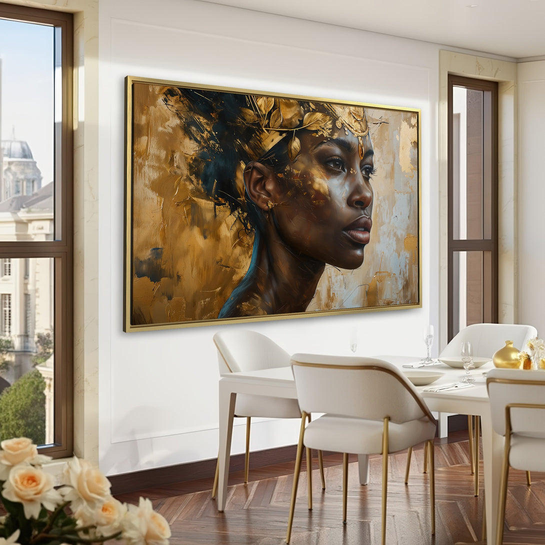 Canvas Print of a regal woman in gold and black, displayed in a luxurious green-toned interior. Perfect for adding elegance to any space.