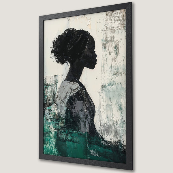 Framed Poster of a woman's silhouette in abstract style. Features a black, white, and green color palette. Perfect wall art for any room!