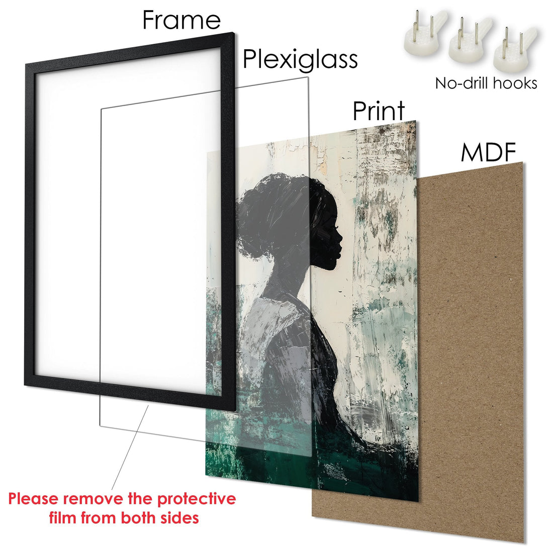 Framed Poster of an abstract female portrait in black, white, and teal. Modern art style, ready to hang.