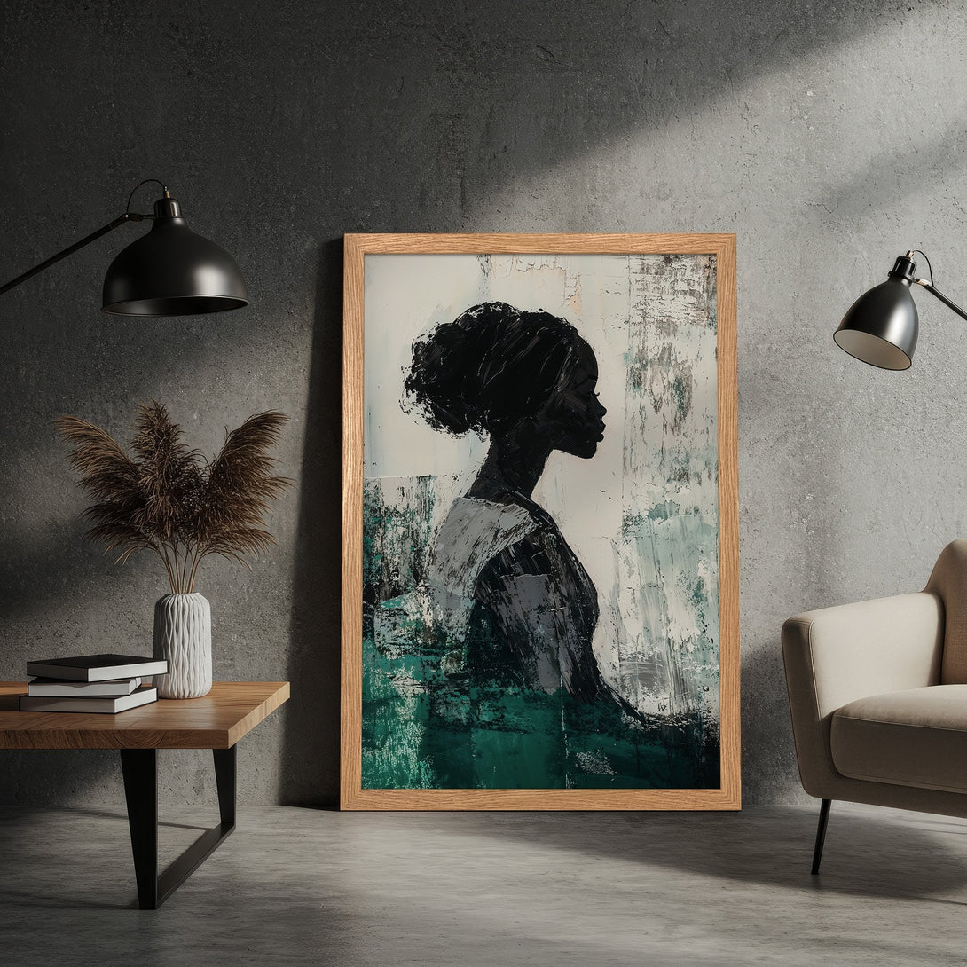 Framed Poster featuring a woman's silhouette in an abstract style. The art uses a palette of green, white, and gray. Perfect wall decor!