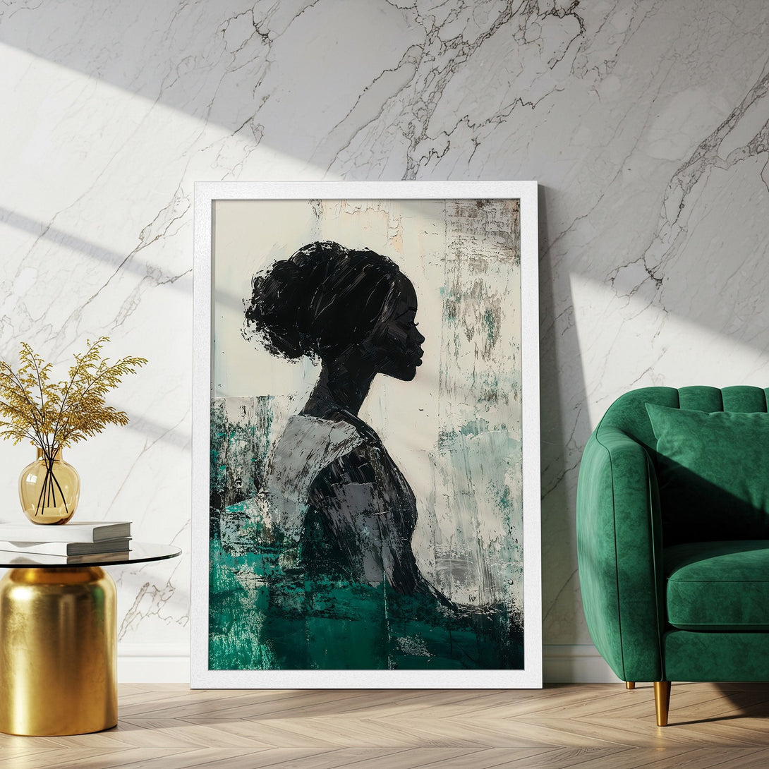 Framed Poster featuring an abstract portrait in black, white, and emerald green. Modern art style, perfect home decor.