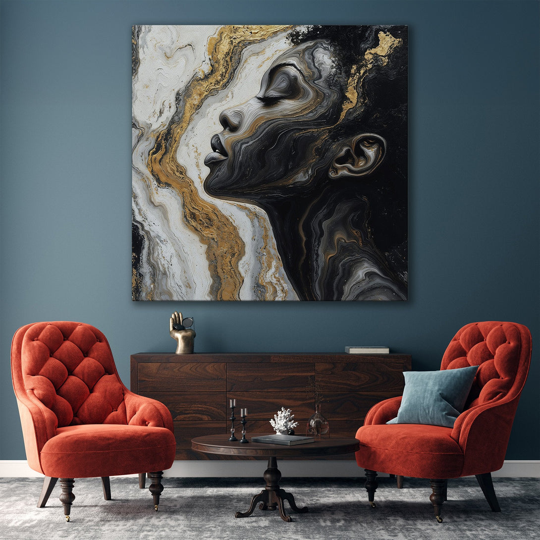 Framed Wall Art featuring a woman's face in an abstract, flowing style. The artwork uses a black, white, and gold color palette, perfect for modern decor.