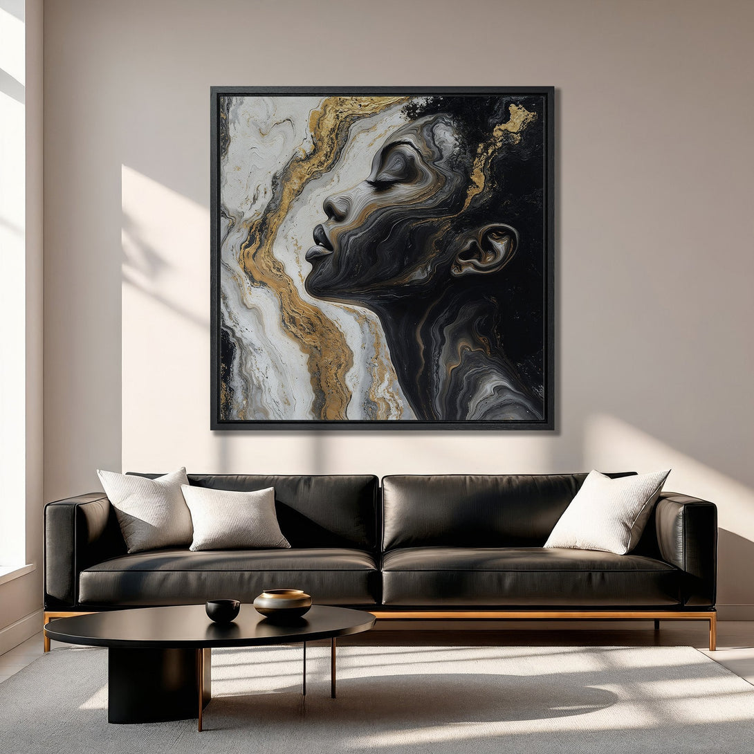Framed Wall Art featuring an abstract portrait in black, white, and gold. Modern art canvas print perfect for living room decor.