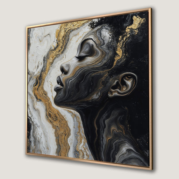 Framed Wall Art: Abstract portrait in black, gold, and white. Modern canvas print with flowing, marble-like design. Elevate your space with art!