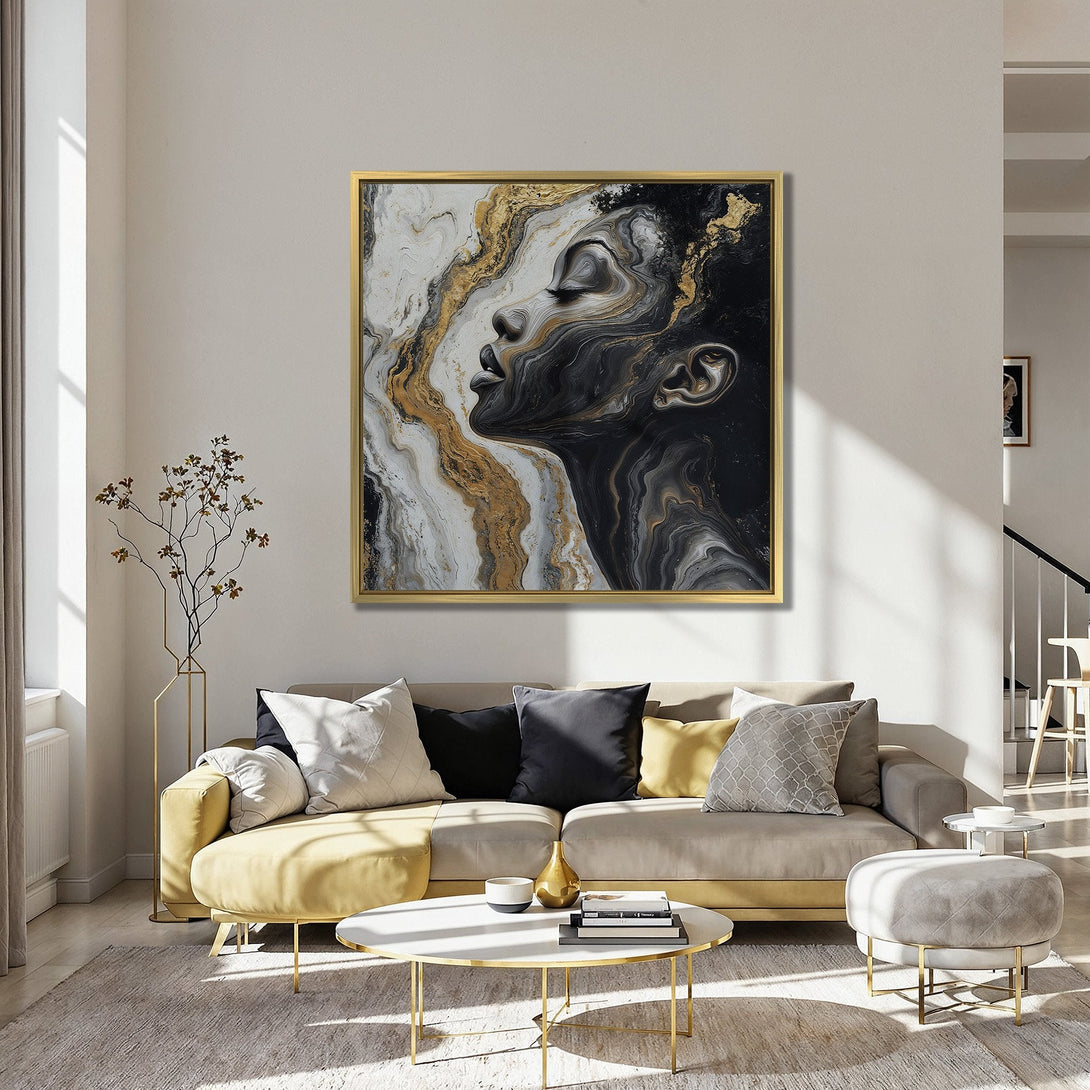 Canvas Print featuring abstract woman's face art in black, white, and gold. Modern decor with a luxurious interior design and a teal wall.