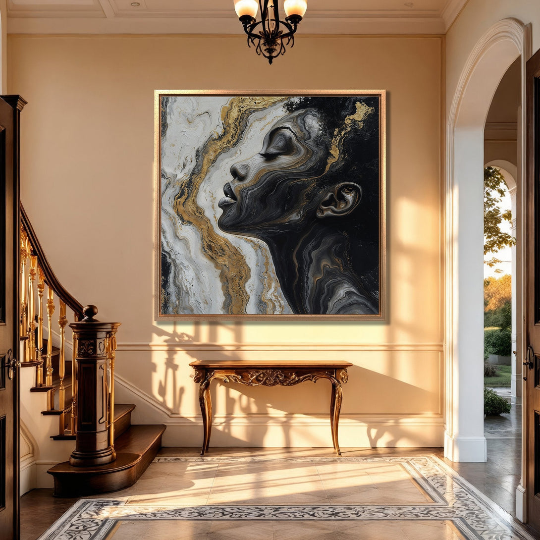 Framed Wall Art featuring an abstract portrait in black, white, and gold. Modern art canvas print, perfect for adding elegance to any interior.