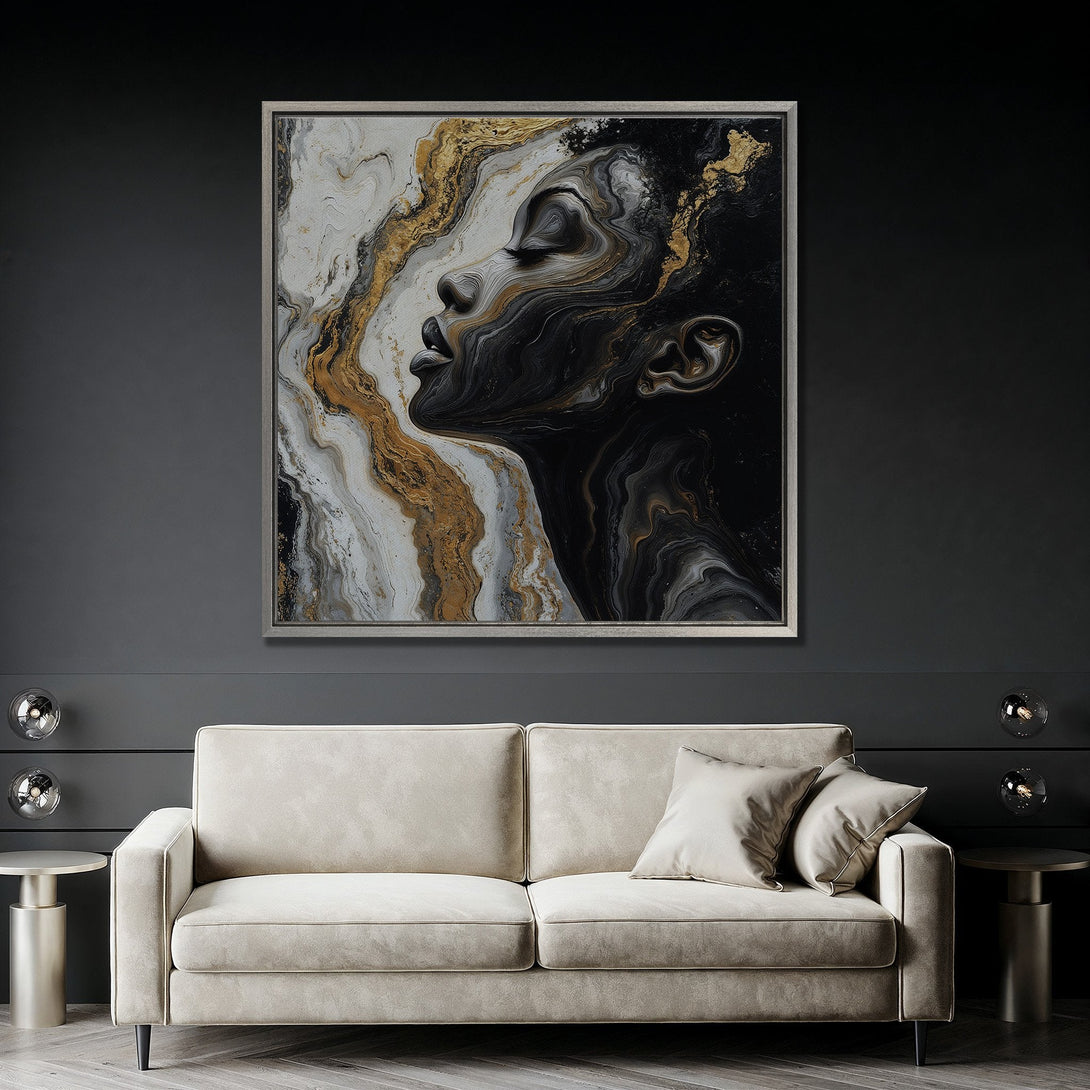 Framed Wall Art: Abstract portrait in black, white, and gold. Modern canvas print adds elegance to any interior. Shop stunning wall art today!