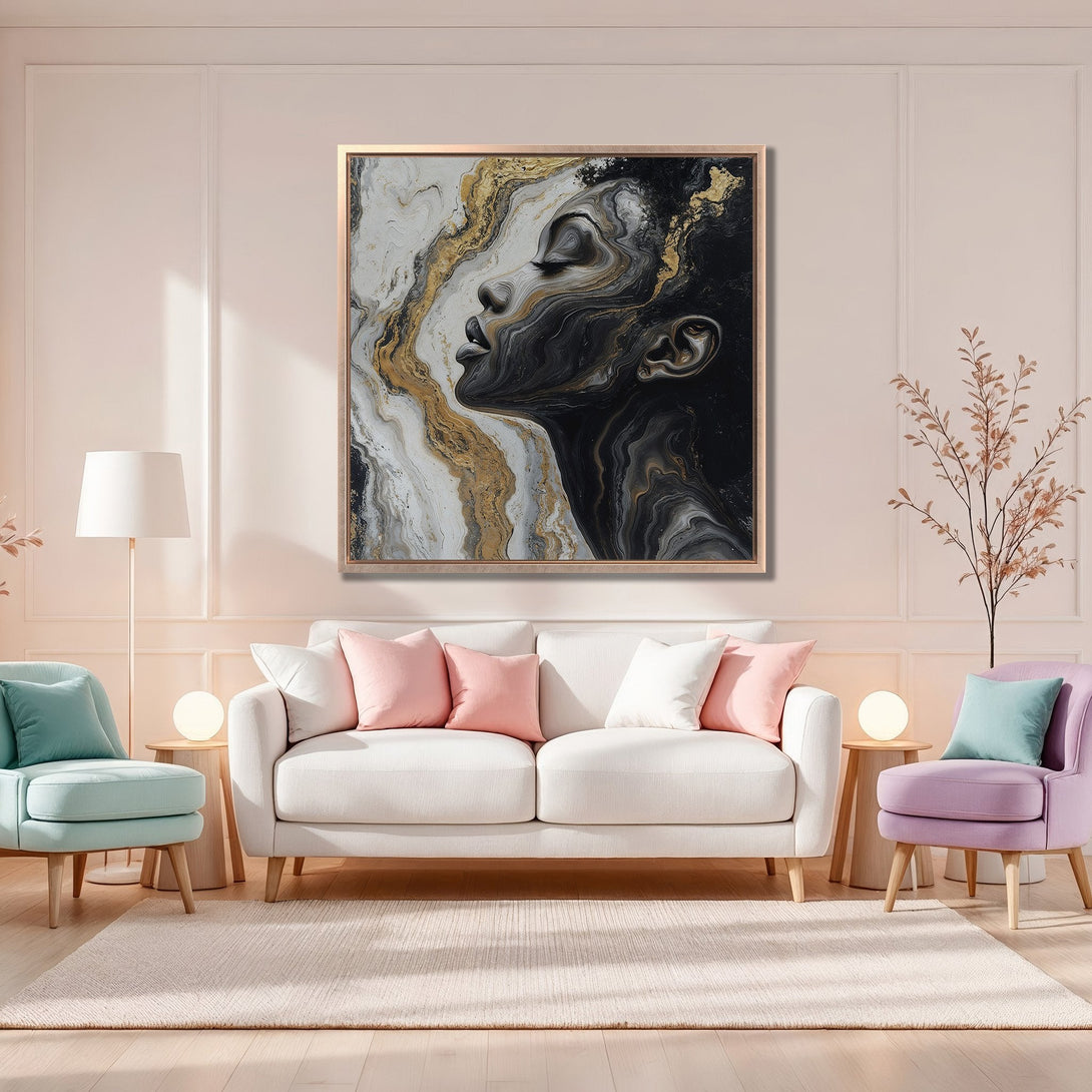 Framed Wall Art: Abstract portrait Canvas Print in black, white, and gold. Modern art with a neutral color palette, perfect for living room decor.