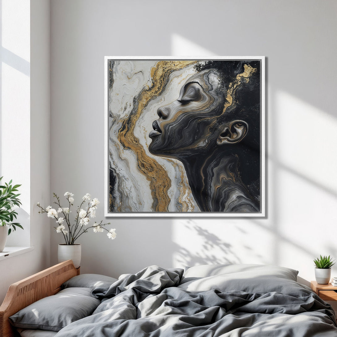 Framed Wall Art: Abstract portrait in black, white, and gold tones. Modern art for bedroom decor. Enhance your space with this stylish canvas print.