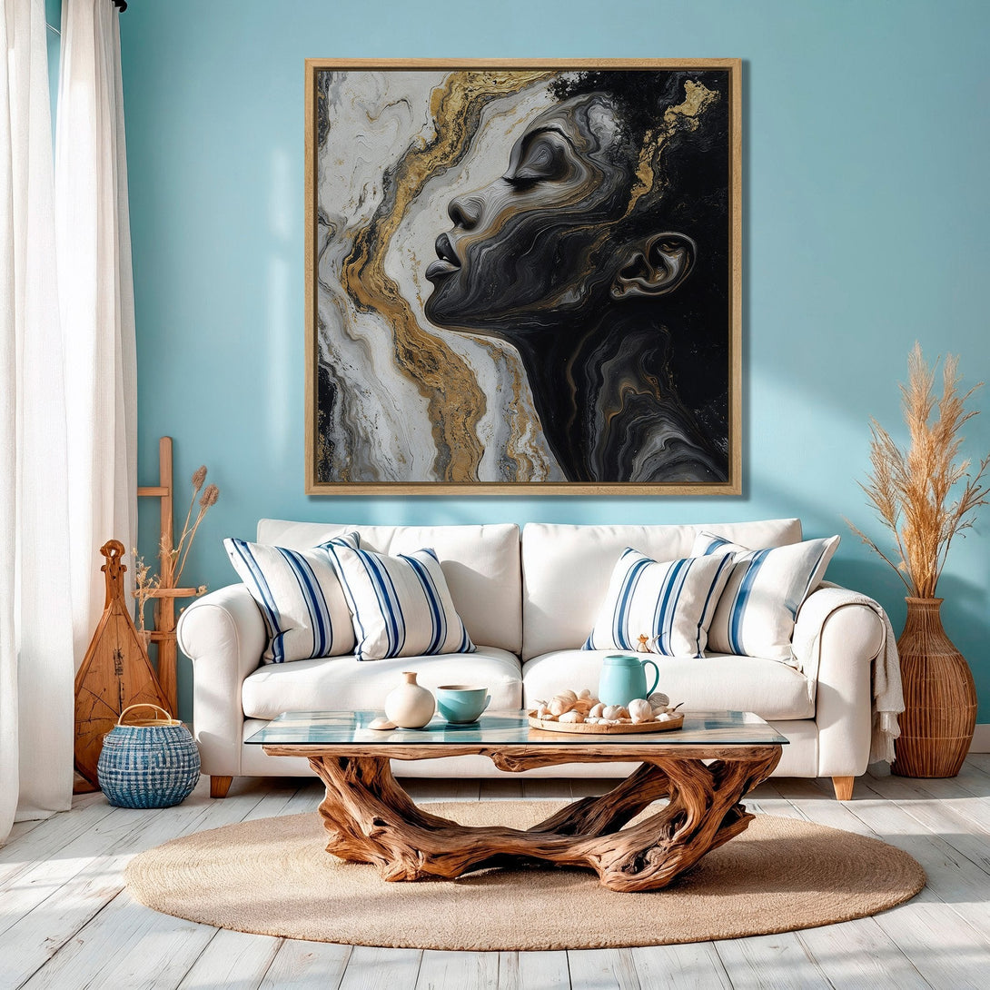 Framed Wall Art: Abstract portrait Canvas Print in black, white, and gold tones. Modern art for a stylish home.