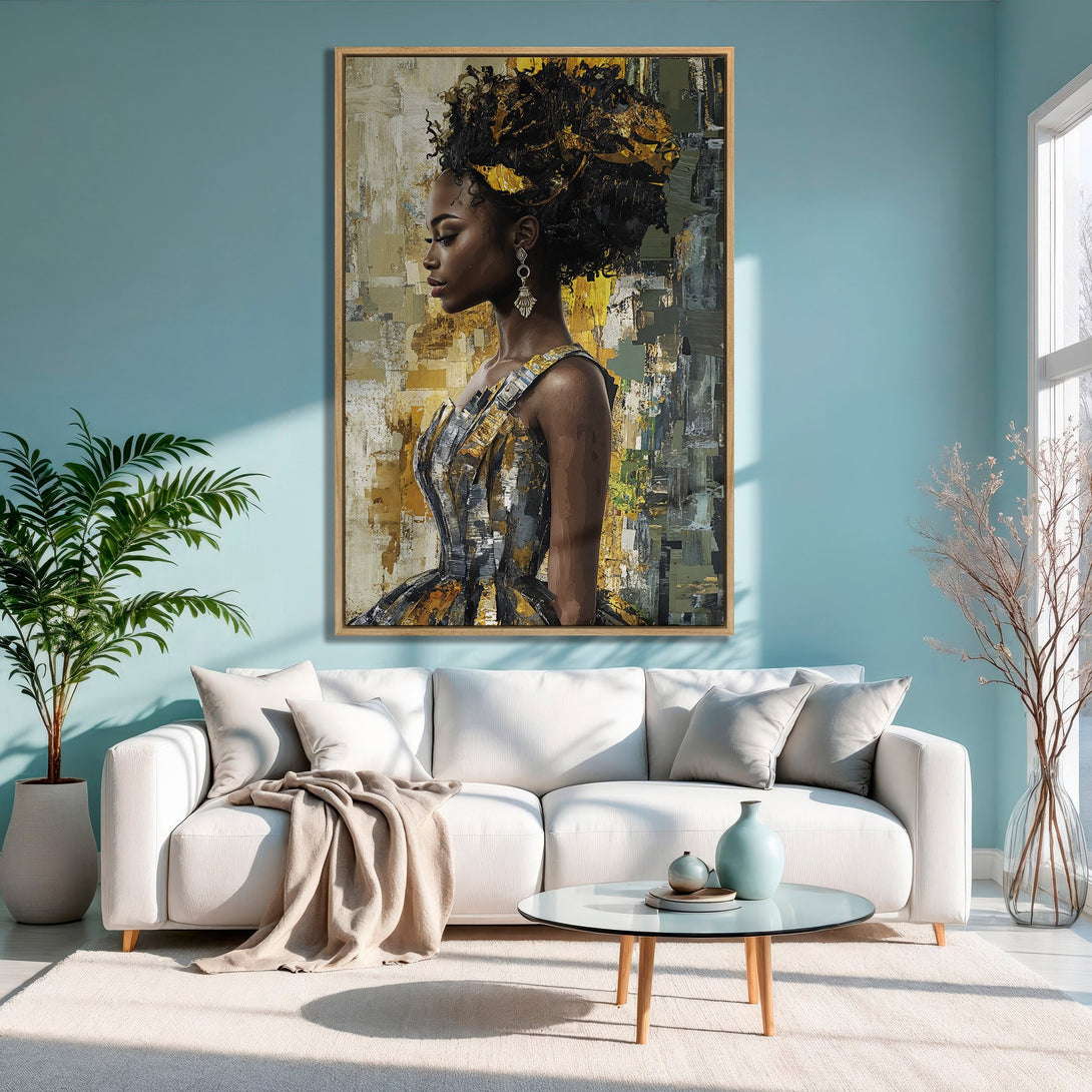 Framed Wall Art featuring an elegant Black woman in an abstract style. Earthy tones of gold, black, and gray create a sophisticated look for any room.