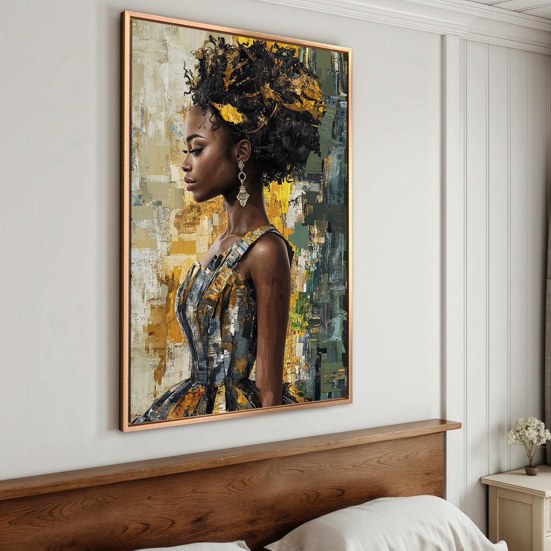 Framed Wall Art of an elegant Black woman, abstract style with yellow, black, and green tones. Add a touch of sophistication to your space!