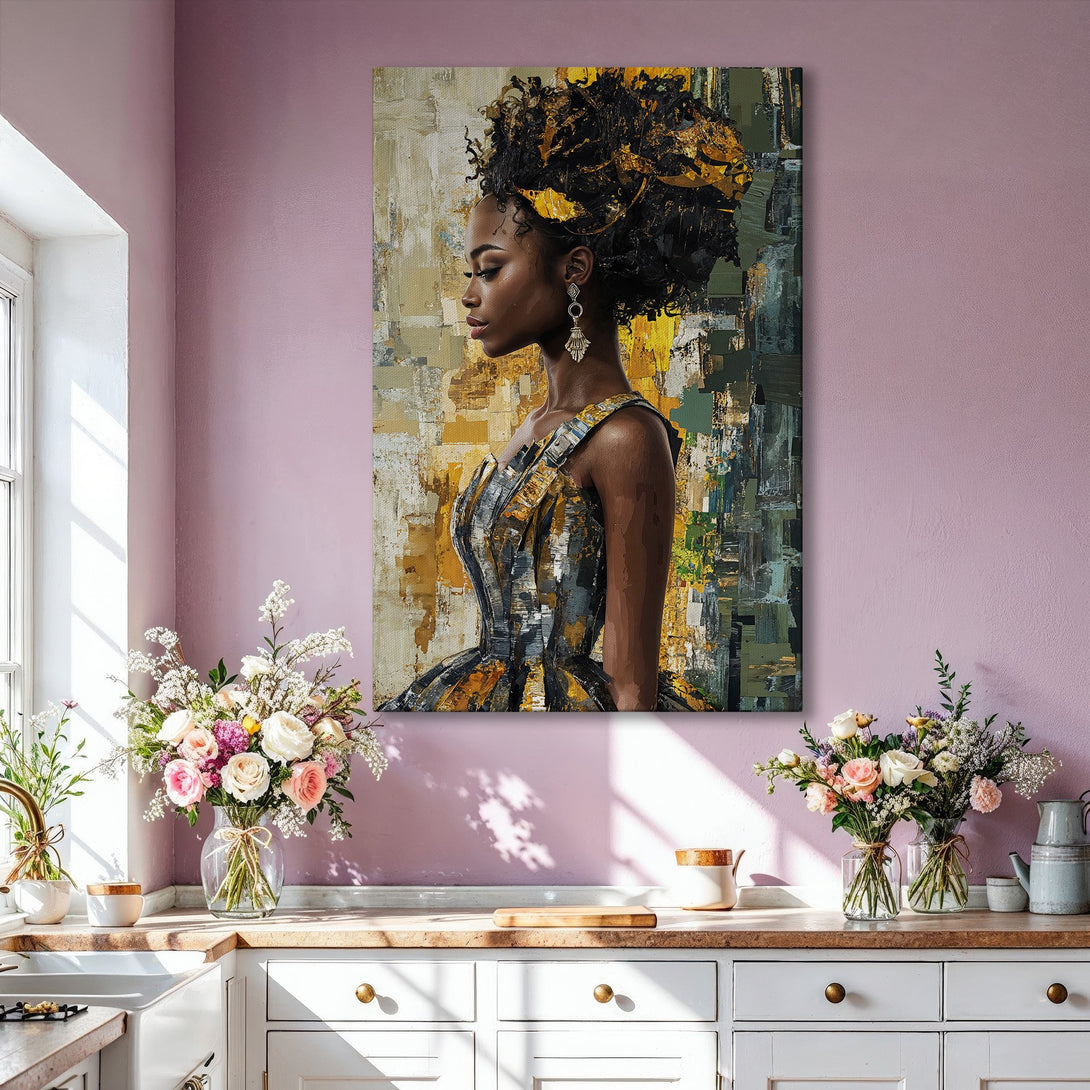 Framed Wall Art featuring an elegant woman in a modern abstract style with a gold, black, and yellow color palette. Perfect for adding sophistication to any space.