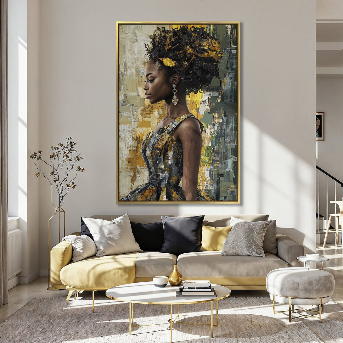 Canvas Print of a Black woman in an abstract style, featuring a yellow, gray, and black color palette, displayed in a kitchen interior.