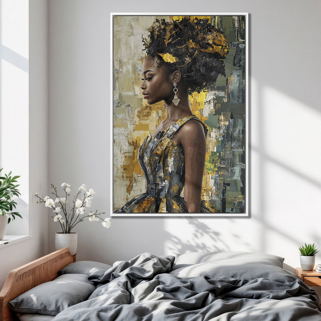 Framed Wall Art: Stunning portrait of a woman in a gold and black abstract style. Adds elegance to any space. Earthy tones complement modern decor.