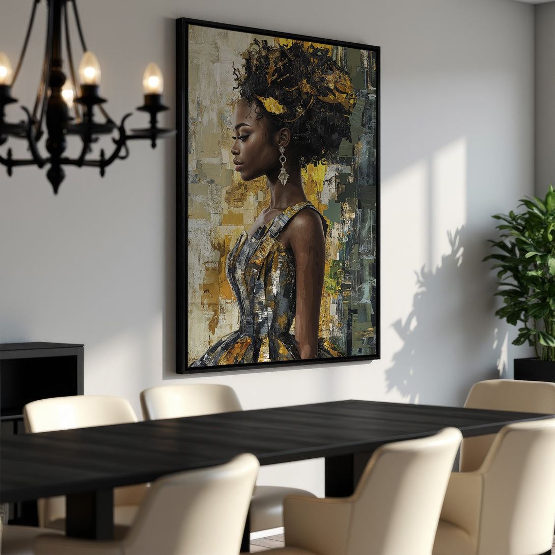 Framed Wall Art featuring an elegant woman in an abstract style with a gold, yellow, and gray color palette. Perfect for dining room decor.
