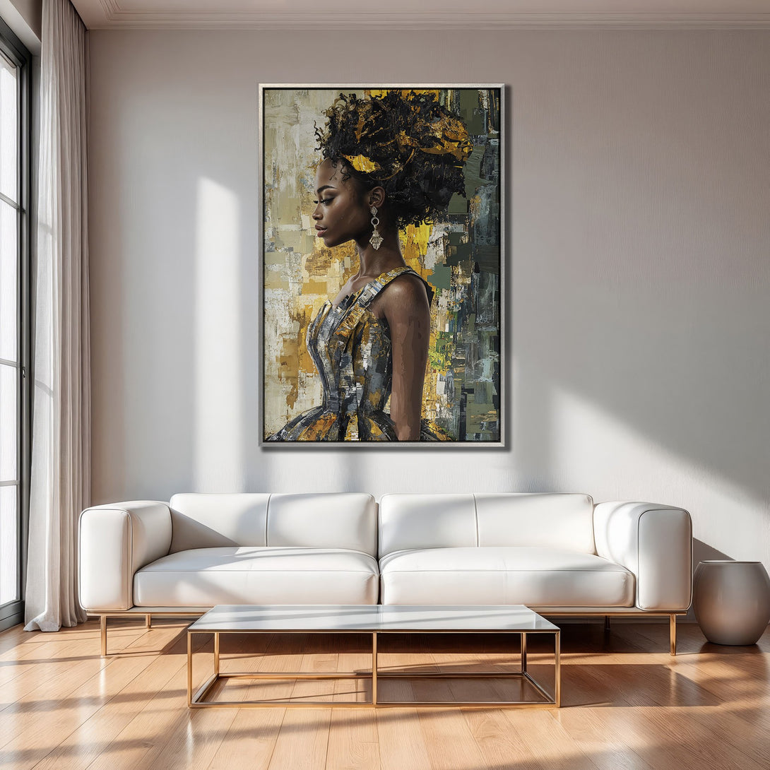 Framed Wall Art featuring a striking portrait of a woman in a modern interior. Abstract style with a warm yellow and green color palette.