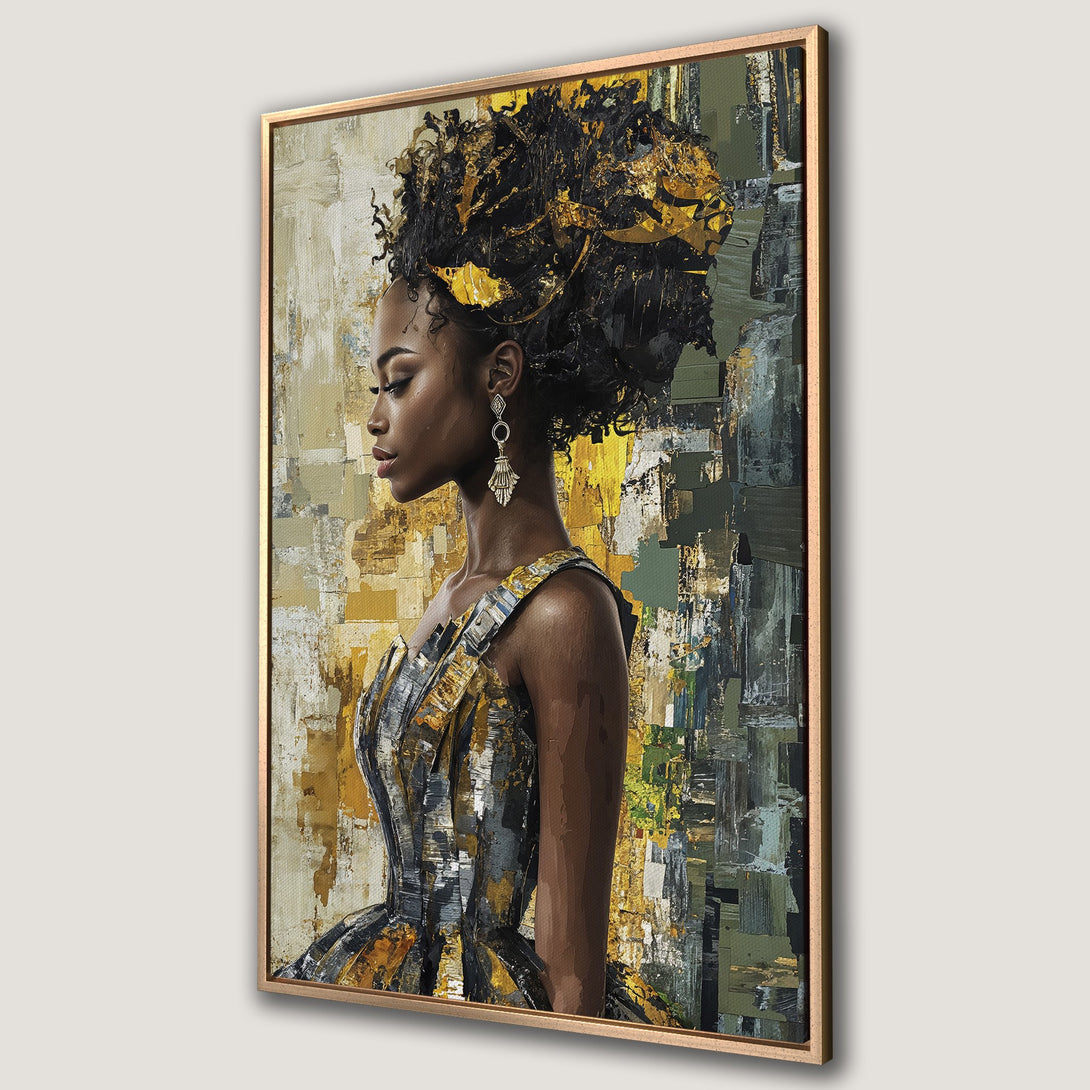 Framed Wall Art: Abstract portrait of a Black woman in gold and black, with a textured, modern art style. Perfect for adding elegance to any space.