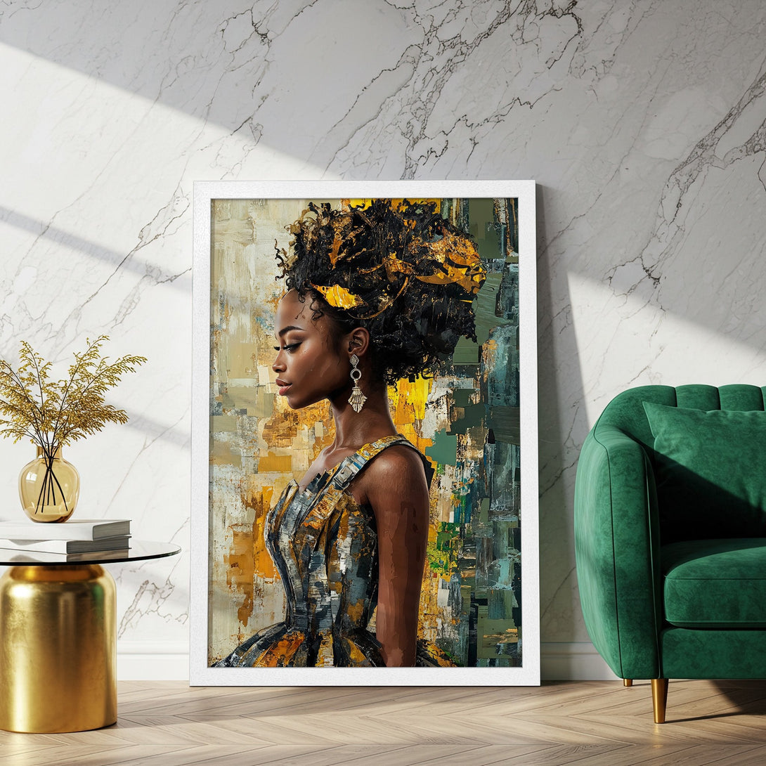 Framed Poster featuring a woman in abstract style, with a warm yellow, black, and green color palette. Perfect wall art!