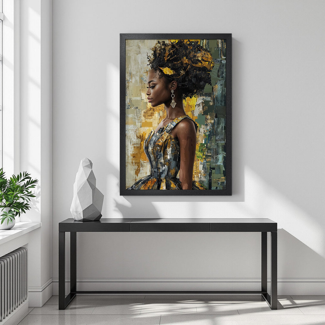 Framed Poster featuring a beautiful Black woman, abstract style, with gold, black, and yellow color palette. Perfect wall art!