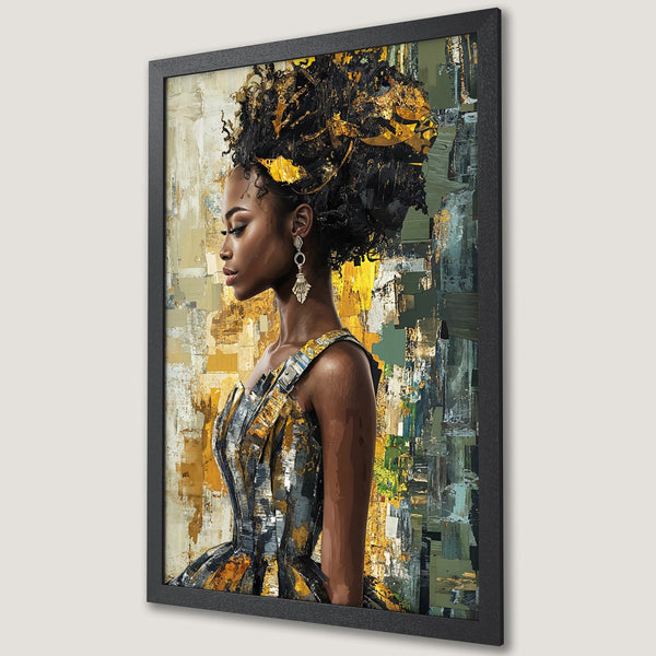 Framed Poster featuring an elegant Black woman, abstract art style, with gold, yellow, and green color palette. Perfect wall art for your home!
