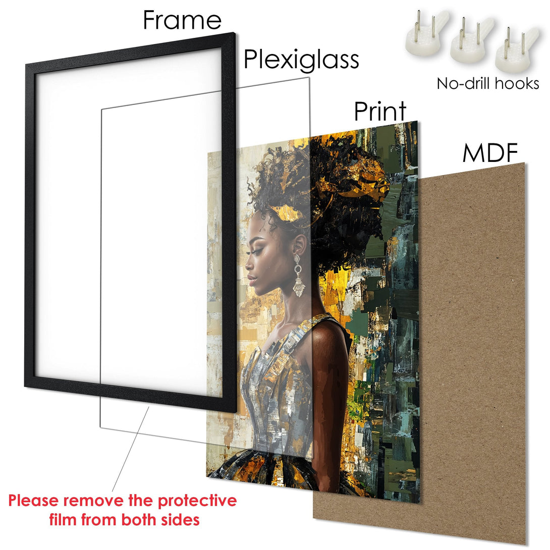 Framed Poster featuring a beautiful woman in an abstract style with a gold, green, and neutral color palette. Perfect wall art!