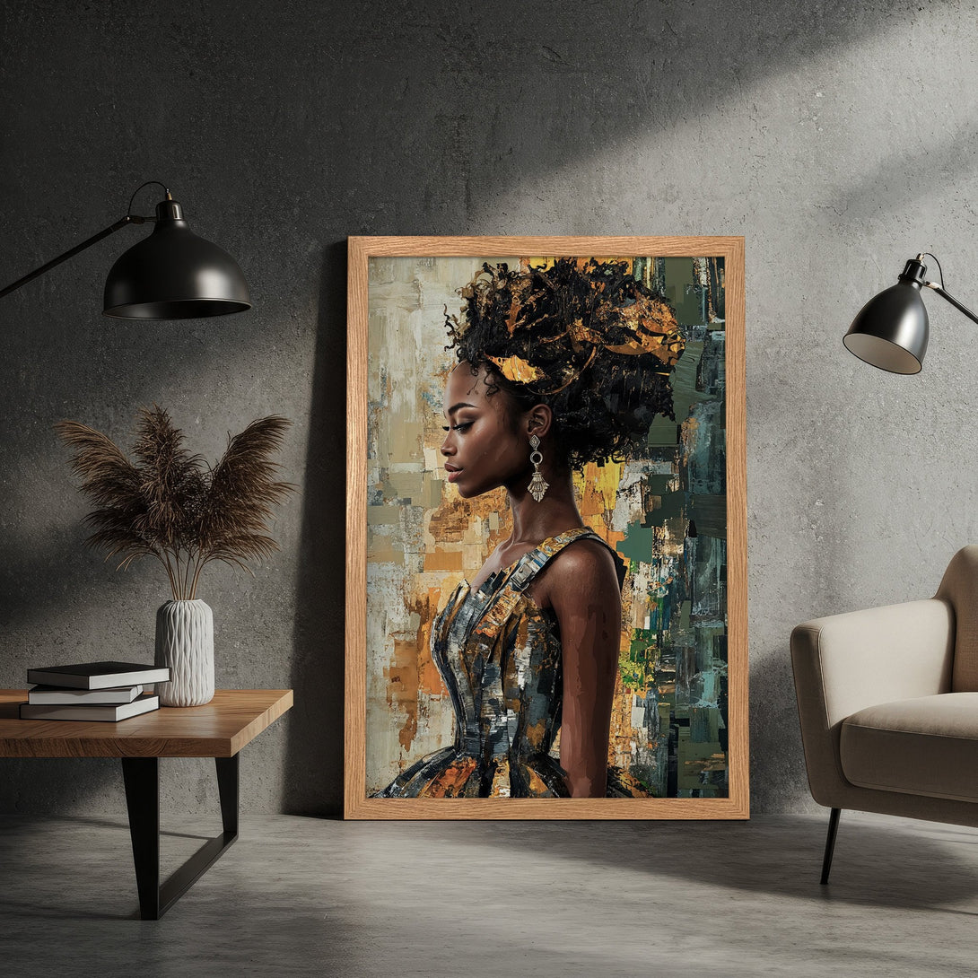 Framed Poster of an African woman in an abstract style, featuring a warm color palette of golds, browns, and greens. Perfect wall art!