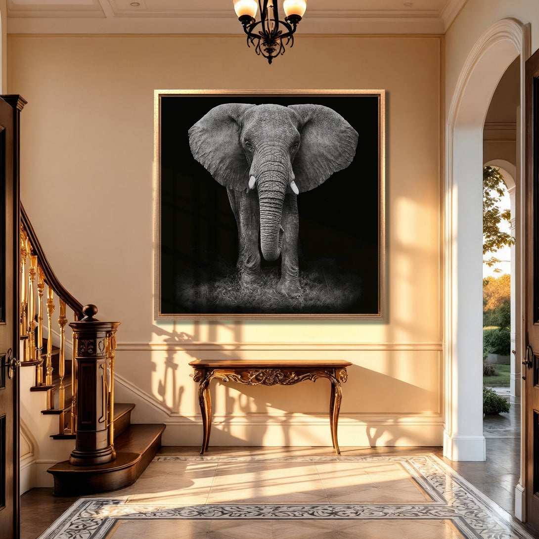 Framed Wall Art: Stunning black and white elephant portrait canvas print, adding a touch of elegance to any interior with its neutral color palette.