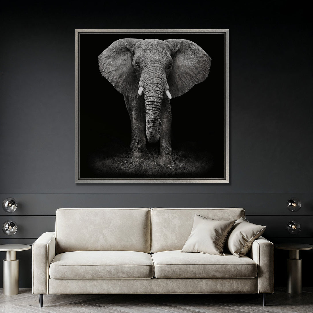 Framed Wall Art: Majestic black and white elephant portrait. Modern, minimalist style. Neutral color palette. Perfect for living room decor.