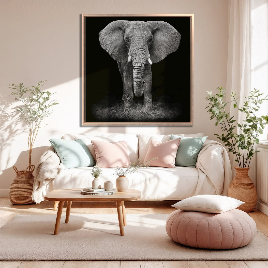 Framed Wall Art: Stunning black and white elephant portrait. Modern decor with a neutral color palette. Perfect for living room or bedroom.