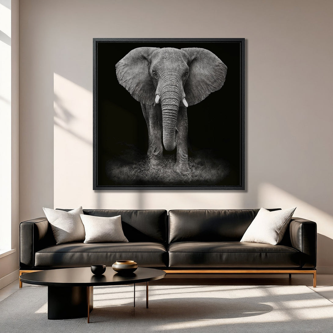 Framed Wall Art: Majestic black and white elephant portrait. Modern canvas print adds a touch of nature and elegance to any living space.