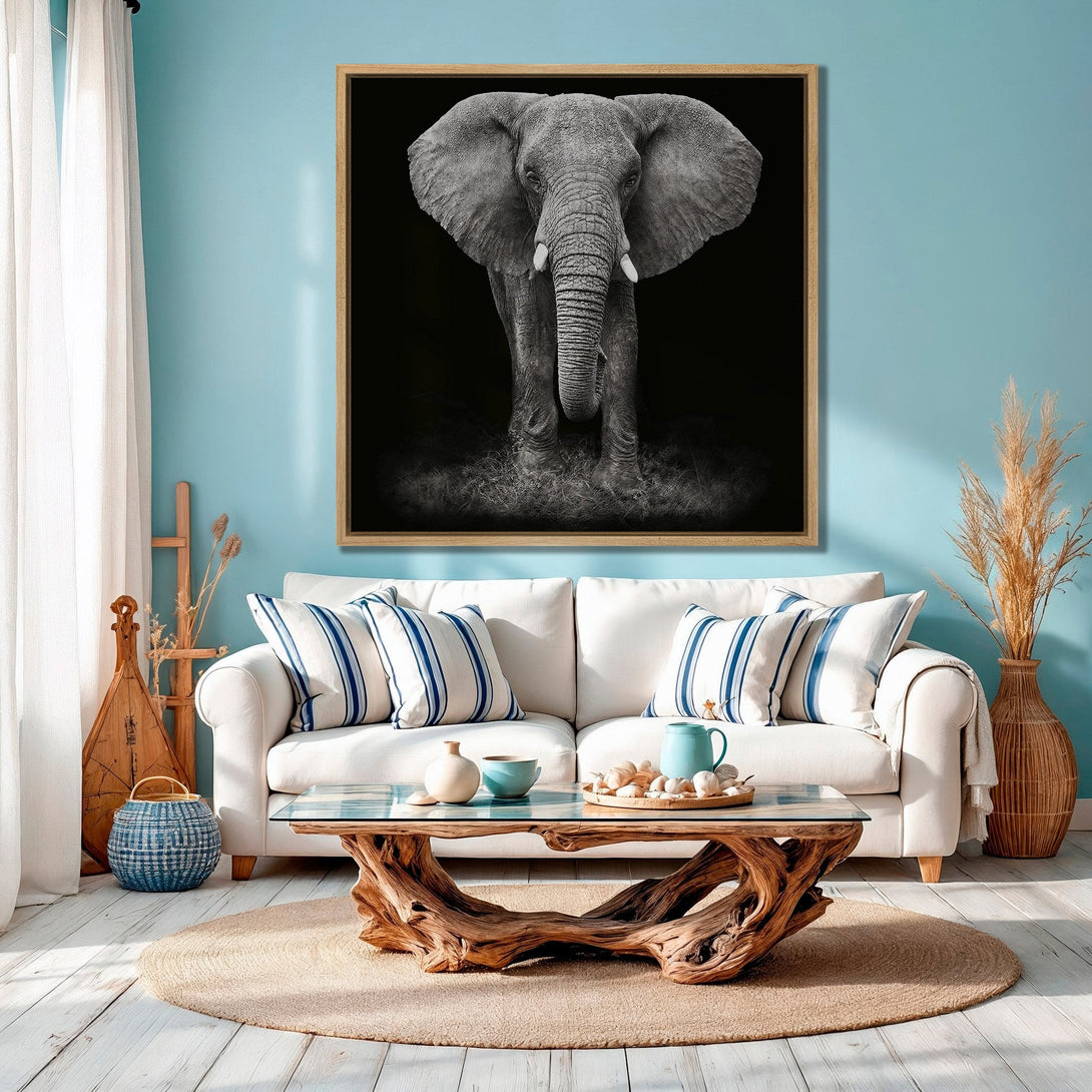 Framed Wall Art: Majestic black and white elephant print. Modern decor with a calming blue, white, and neutral color palette. Elevate your living room today!