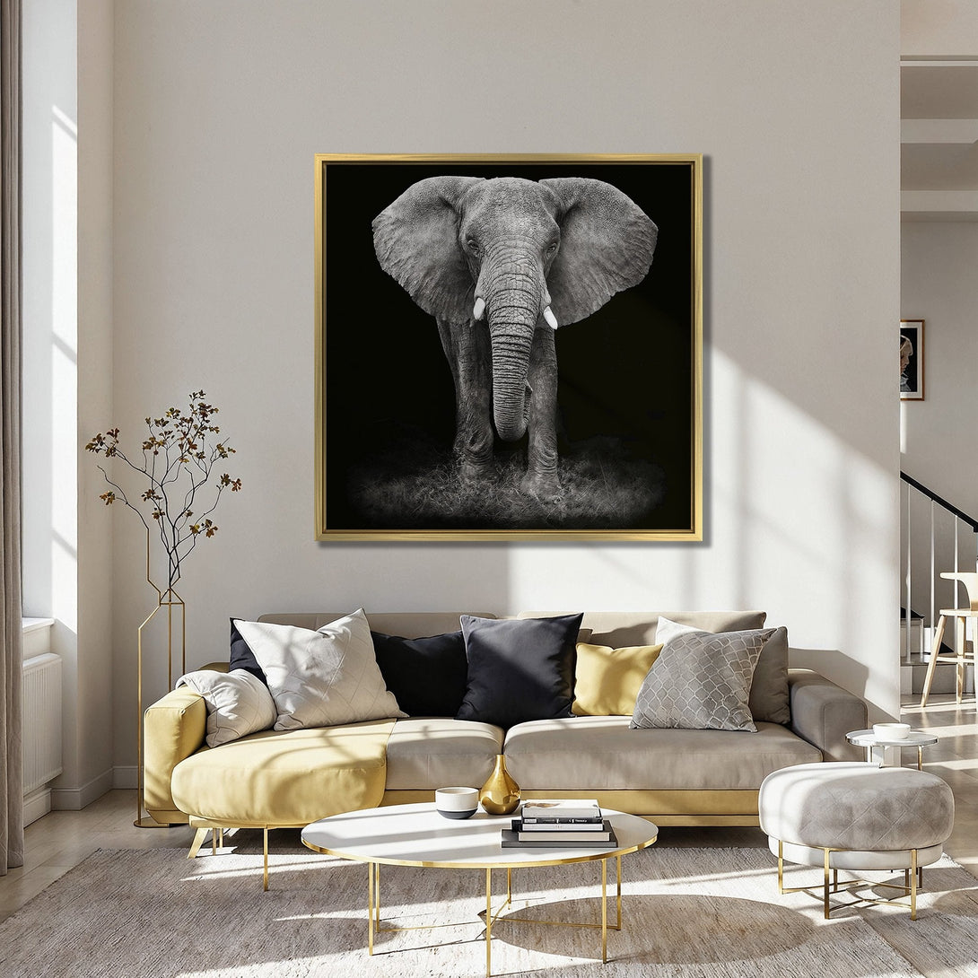 Canvas Print: Majestic black and white elephant art. Modern decor with teal and red color palette. Elevate your space with stunning animal wall art.