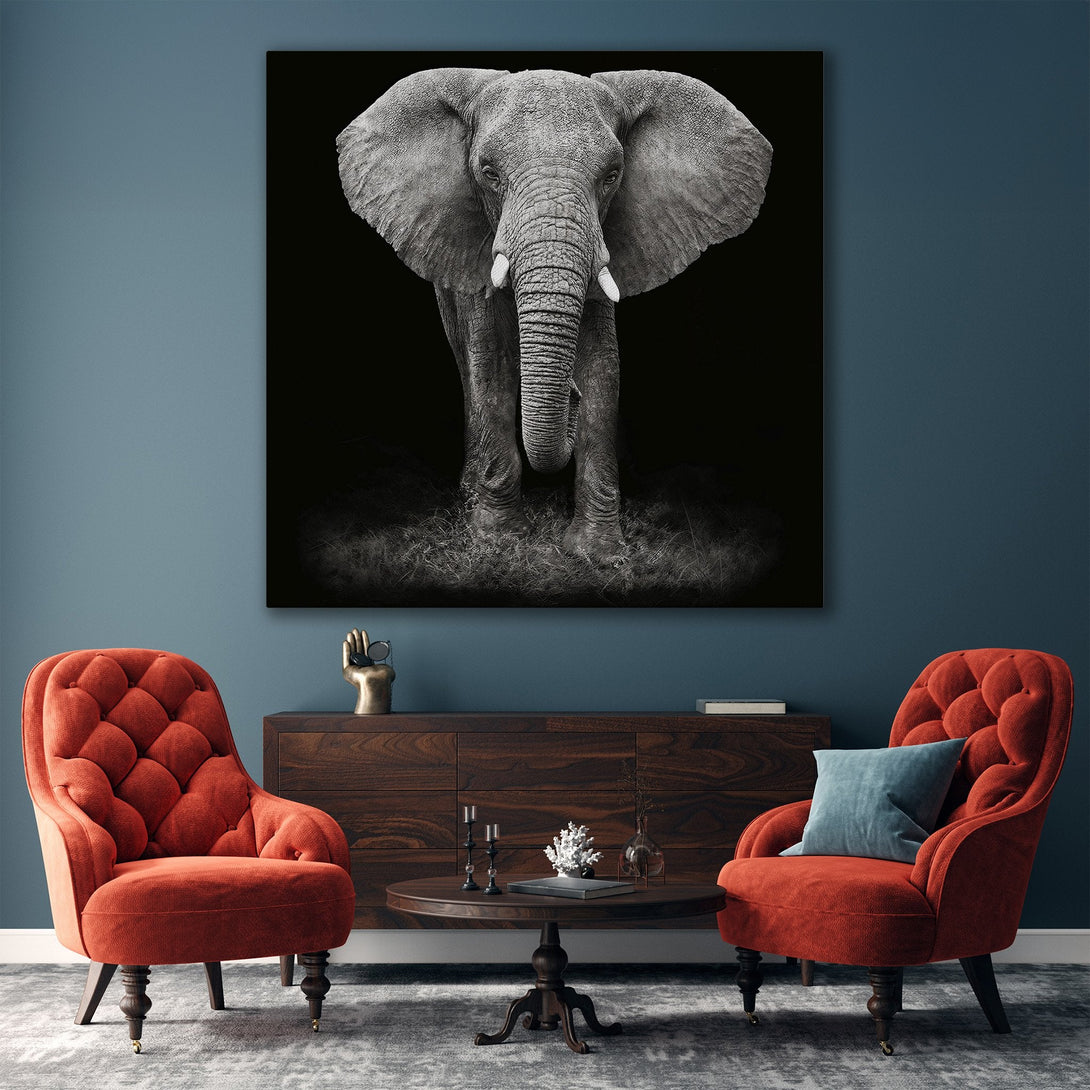 Framed Wall Art: Majestic black and white elephant canvas print in a modern interior. Neutral color palette with gold accents. Elevate your home decor!