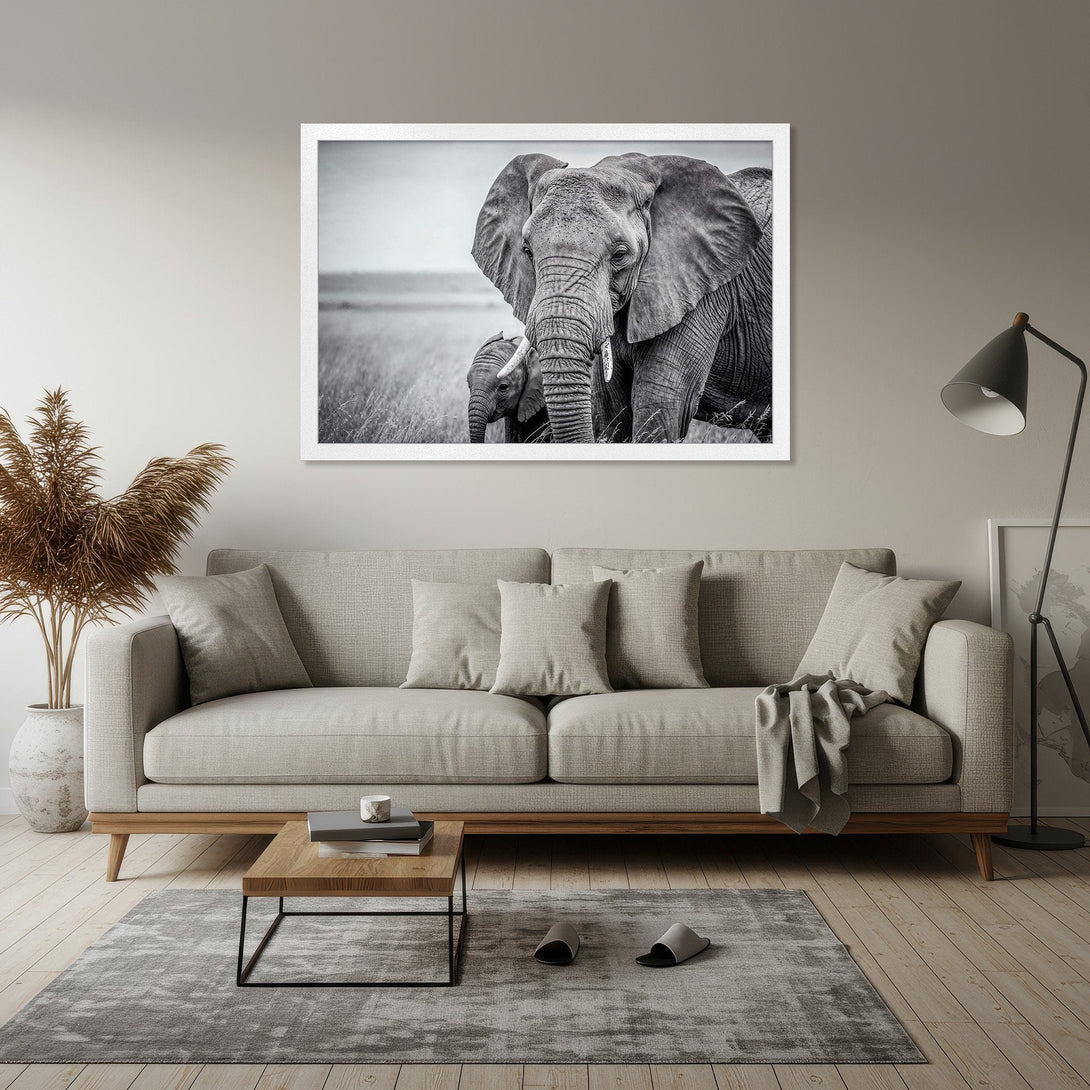 Framed Poster featuring a majestic elephant in black and white, perfect for adding a touch of nature and elegance to your home decor.
