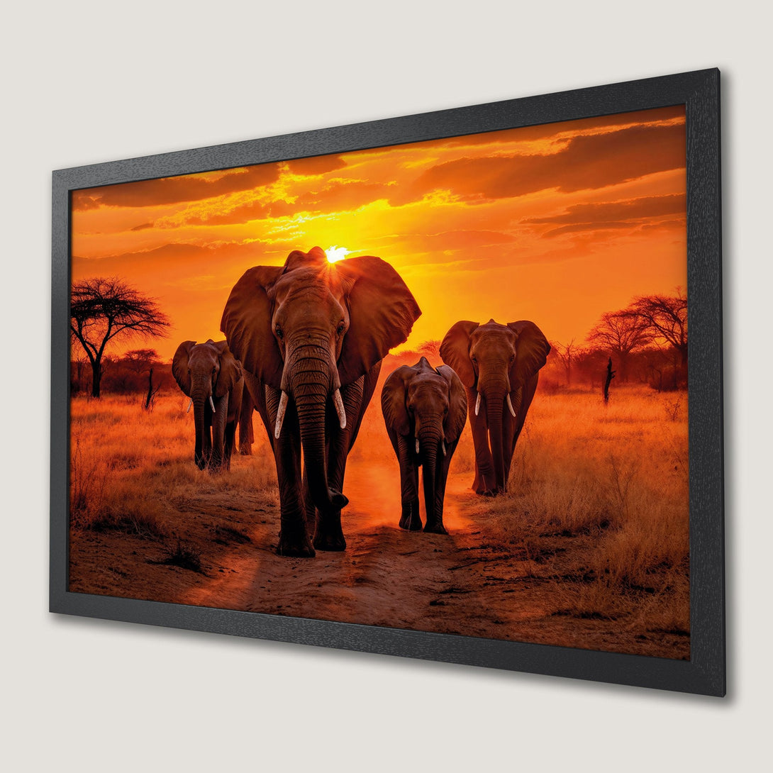 Framed Poster featuring elephants in a warm, golden sunset. Stunning wildlife art.