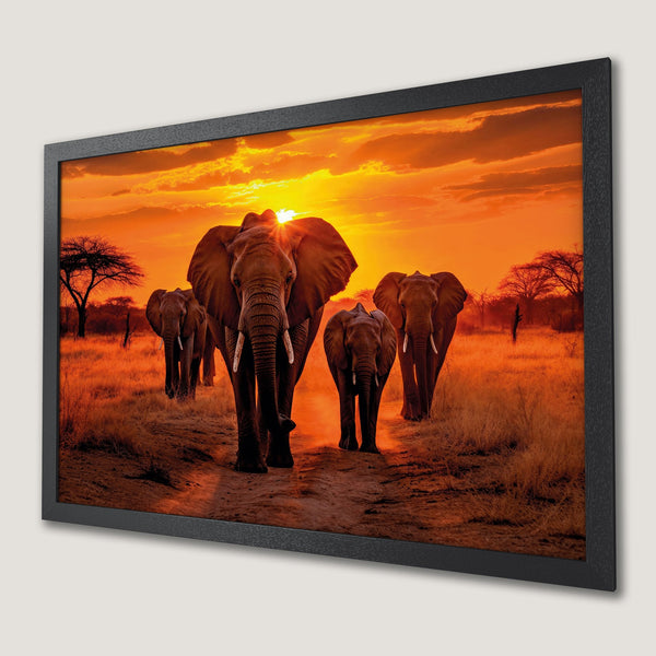 Framed Poster featuring elephants in a warm, golden sunset. Stunning wildlife art.