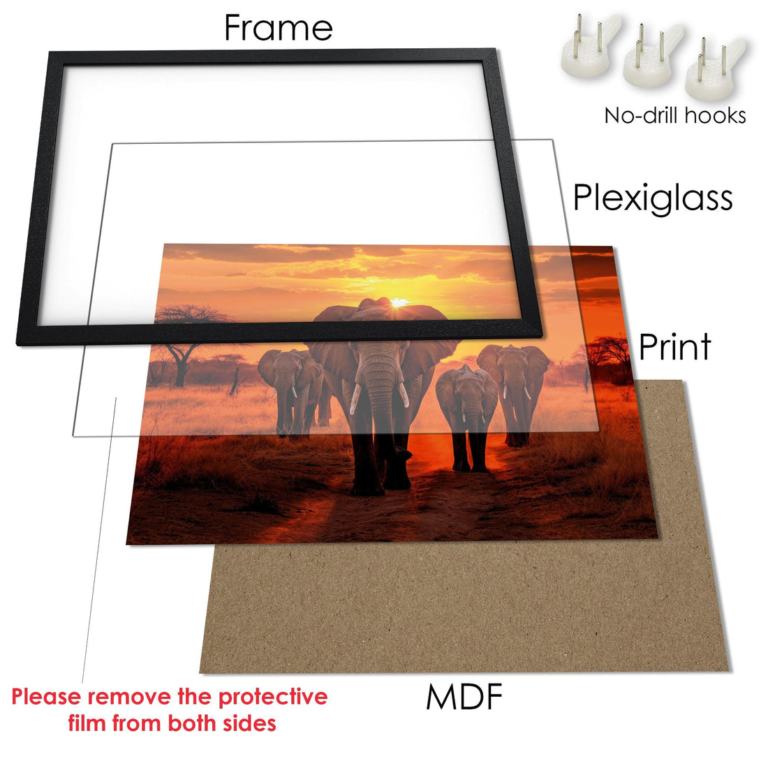 Framed Poster featuring elephants at sunset. Warm, vibrant color palette. Perfect for adding a touch of nature to your home.