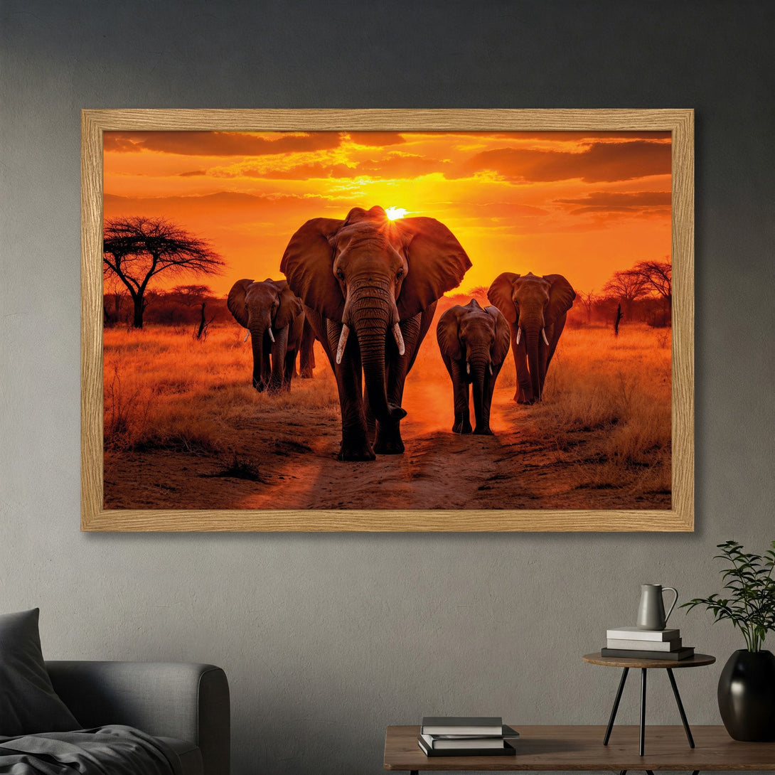 Framed Poster of elephants at sunset. Warm orange and brown color palette. Perfect wildlife art for your home.